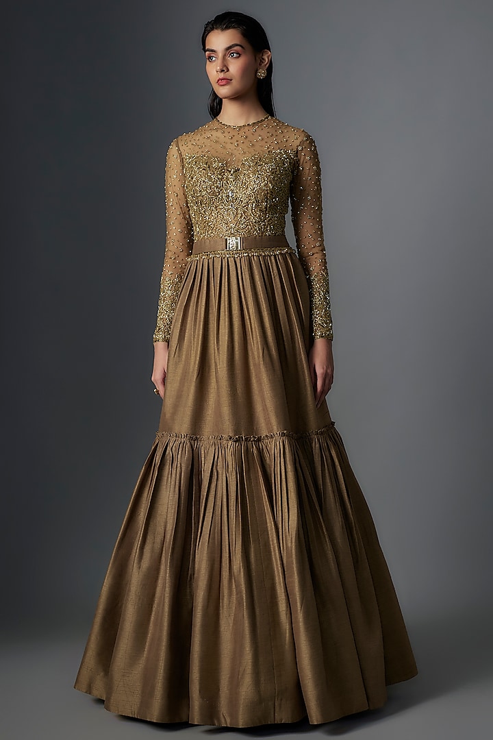 Mud Brown Raw Silk Gold Embroidered Gown by Rocky Star