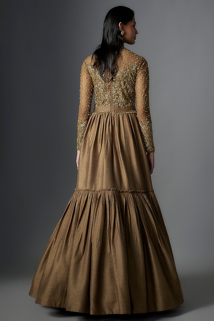 Mud Brown Raw Silk Gold Embroidered Wedding Gown by Rocky Star at Pernia's Pop Up Shop