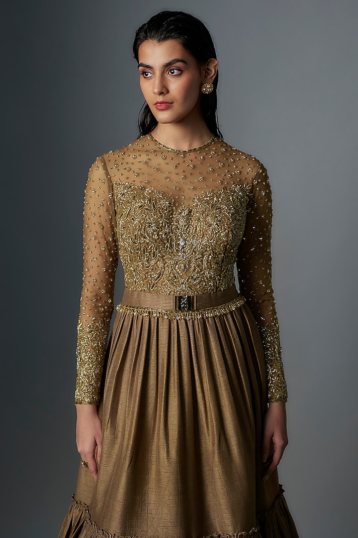 Mud Brown Raw Silk Gold Embroidered Wedding Gown by Rocky Star at Pernia's Pop Up Shop