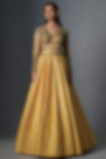 Pale Yellow Raw Silk Gold Embroidered Gown by Rocky Star at Pernia's Pop Up Shop