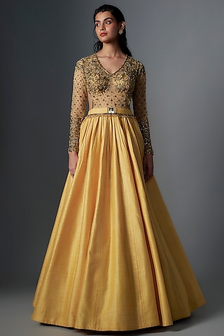Pale Yellow Raw Silk Gold Embroidered Gown by Rocky Star