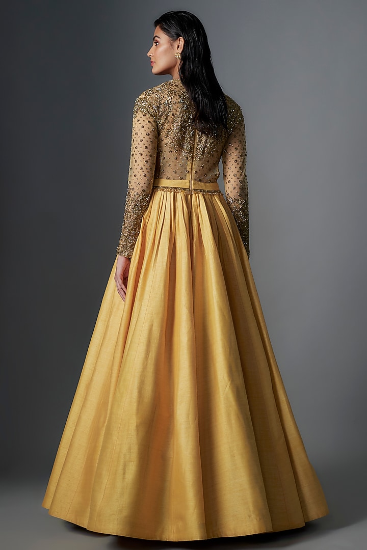 Pale Yellow Raw Silk Gold Embroidered Gown by Rocky Star at Pernia's Pop Up  Shop 2026
