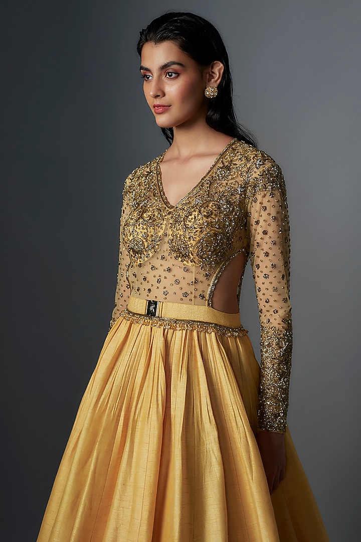 Pale Yellow Raw Silk Gold Embroidered Gown by Rocky Star at Pernia's Pop Up  Shop 2026