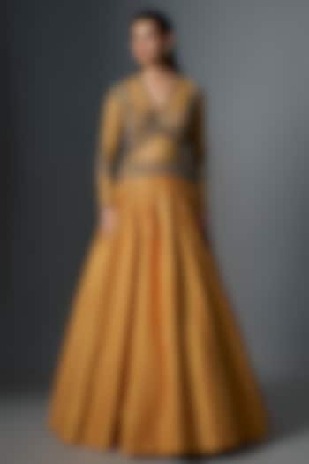 Mustard Raw Silk Gold Embroidered Gown by Rocky Star at Pernia's Pop Up Shop