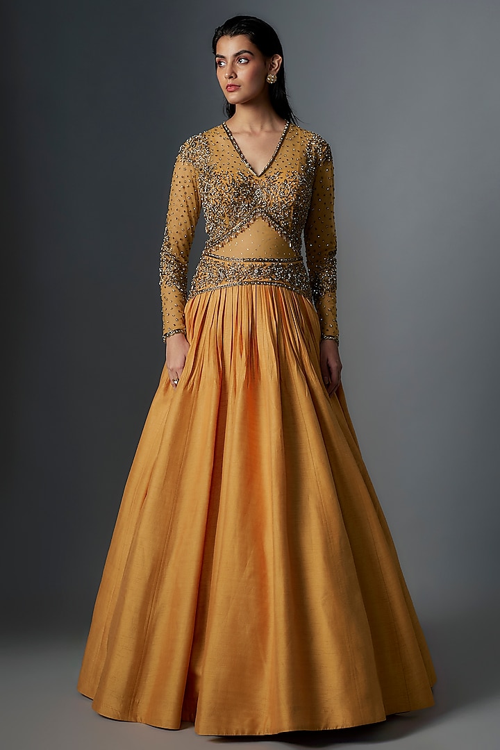 Mustard Raw Silk Gold Embroidered Gown by Rocky Star at Pernia's Pop Up Shop