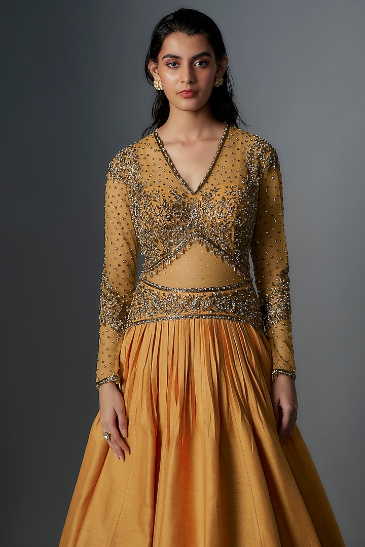 Mustard Raw Silk Gold Embroidered Wedding Gown by Rocky Star at Pernia's Pop Up Shop