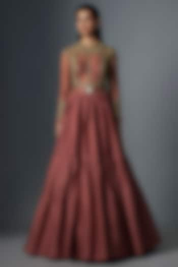 Cherry Red Raw Silk Gold Embroidered Gown by Rocky Star at Pernia's Pop Up Shop