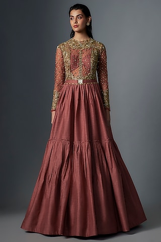 Cherry Red Raw Silk Gold Embroidered Gown by Rocky Star