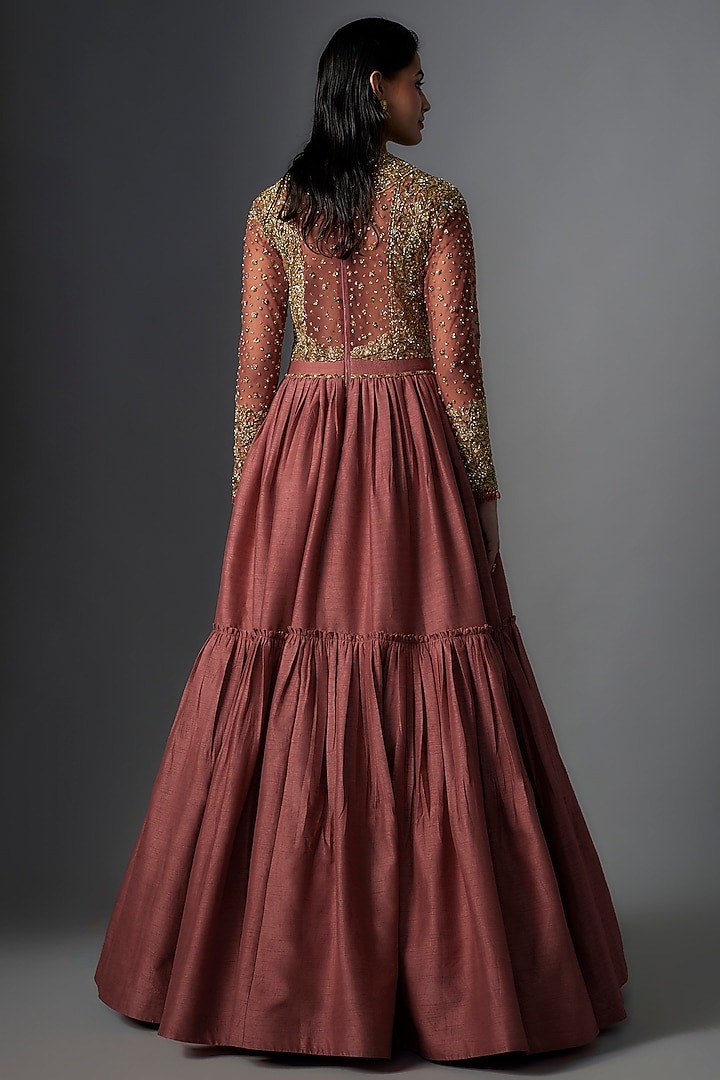Cherry Red Raw Silk Gold Embroidered Wedding Gown by Rocky Star at Pernia's Pop Up Shop