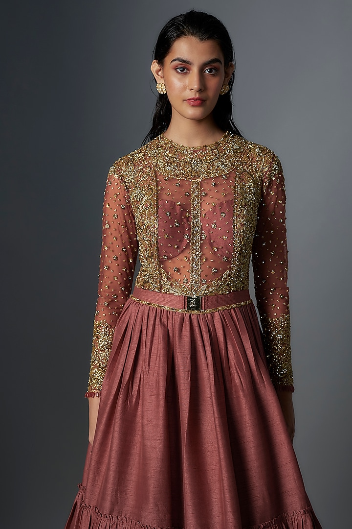 Cherry Red Raw Silk Gold Embroidered Wedding Gown by Rocky Star at Pernia's Pop Up Shop