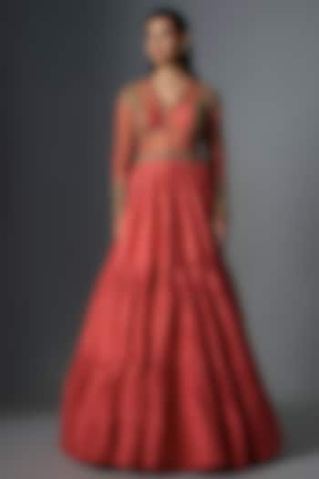 Blood Red Raw Silk Gold Embroidered Gown by Rocky Star at Pernia's Pop Up Shop