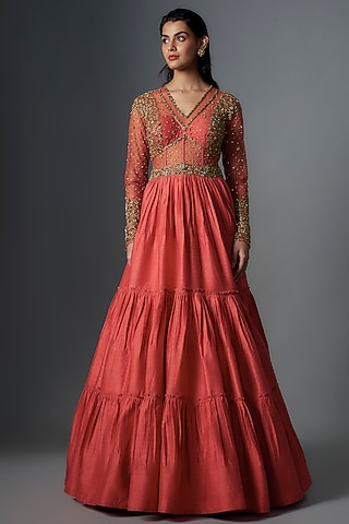 Blood Red Raw Silk Gold Embroidered Gown by Rocky Star