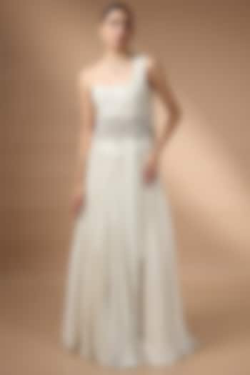 Ivory Metallic Georgette Embroidered Draped Skirt Set by Rocky Star at Pernia's Pop Up Shop