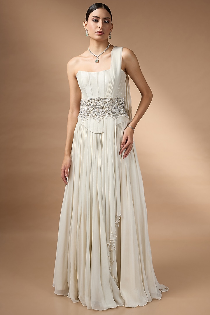 Ivory Metallic Georgette Embroidered Draped Skirt Set by Rocky Star at Pernia's Pop Up Shop