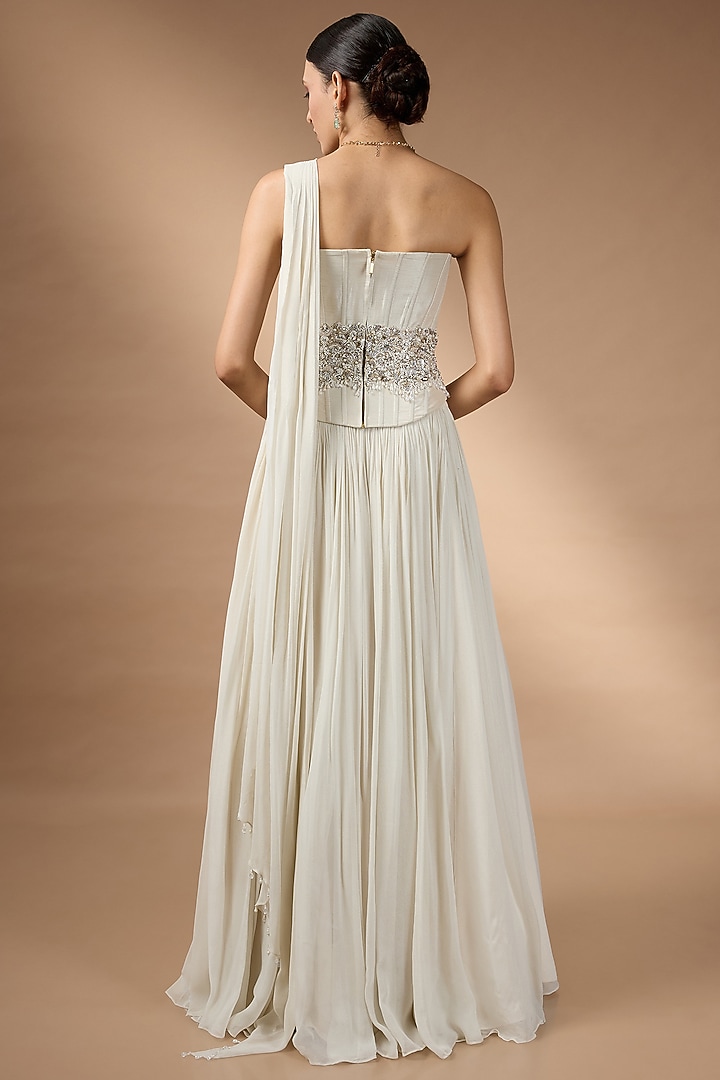 Ivory Metallic Georgette Embroidered Draped Skirt Set by Rocky Star at Pernia's Pop Up Shop