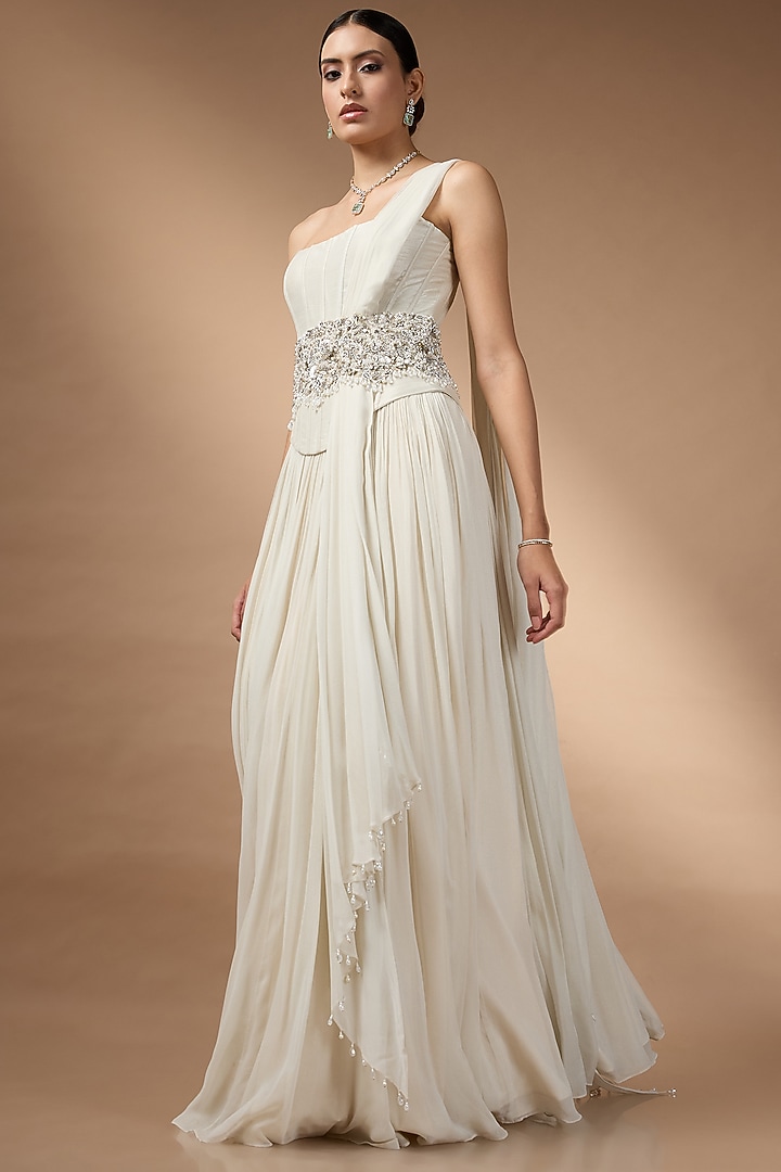 Ivory Metallic Georgette Embroidered Draped Skirt Set by Rocky Star at Pernia's Pop Up Shop