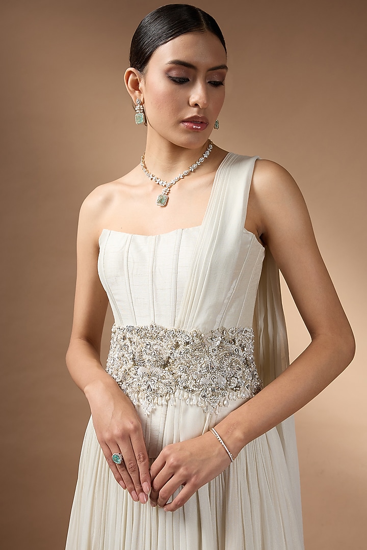 Ivory Metallic Georgette Embroidered Draped Skirt Set by Rocky Star at Pernia's Pop Up Shop