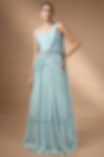 Blue Metallic Georgette Pleated Skirt Set by Rocky Star at Pernia's Pop Up Shop