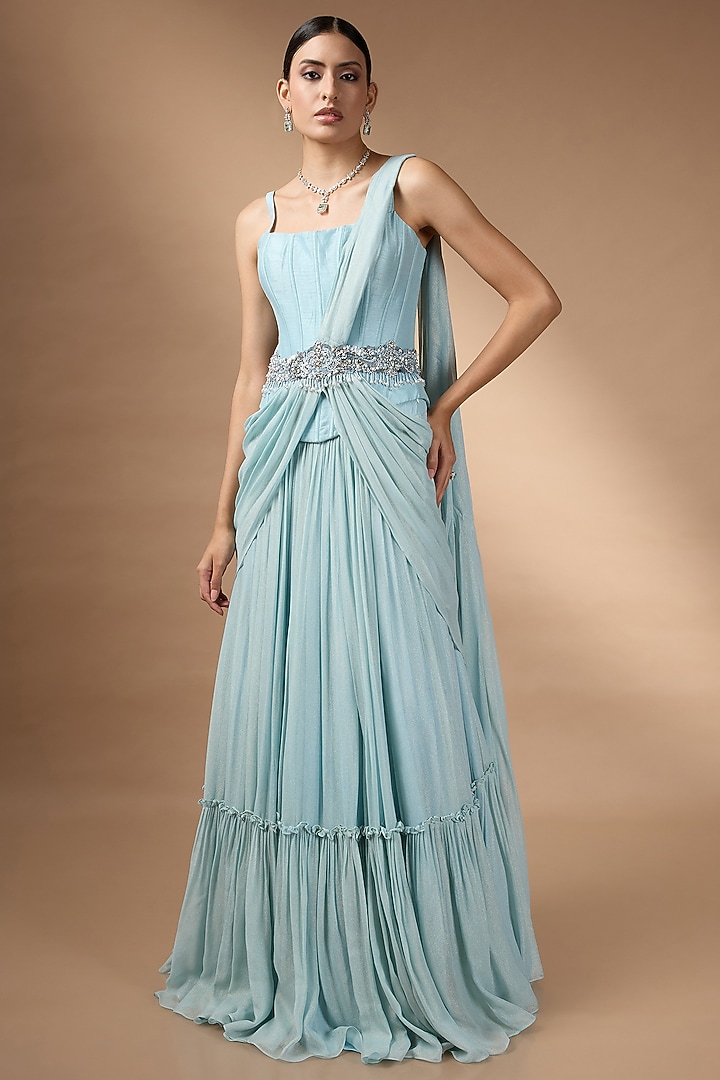 Blue Metallic Georgette Pleated Skirt Set by Rocky Star at Pernia's Pop Up Shop
