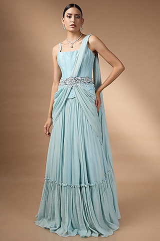 Blue Metallic Georgette Pleated Skirt Set by Rocky Star