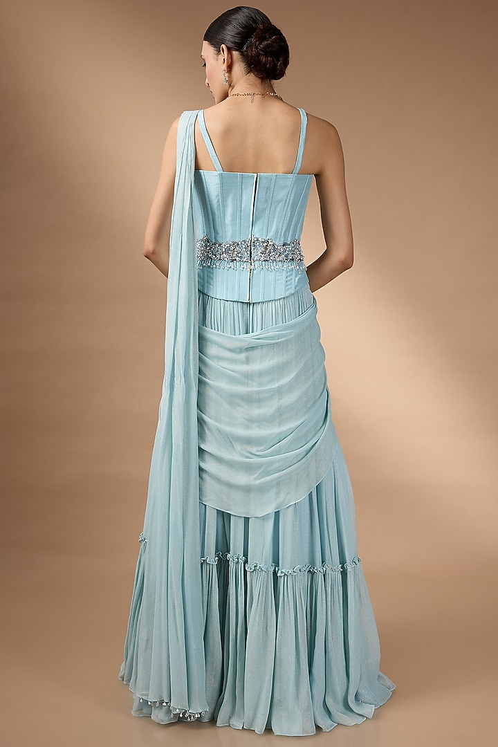 Blue Metallic Georgette Pleated Skirt Set by Rocky Star at Pernia's Pop Up Shop