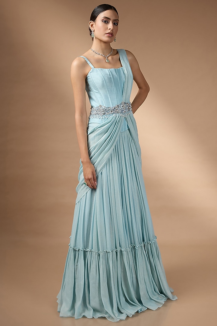 Blue Metallic Georgette Pleated Skirt Set by Rocky Star at Pernia's Pop Up Shop