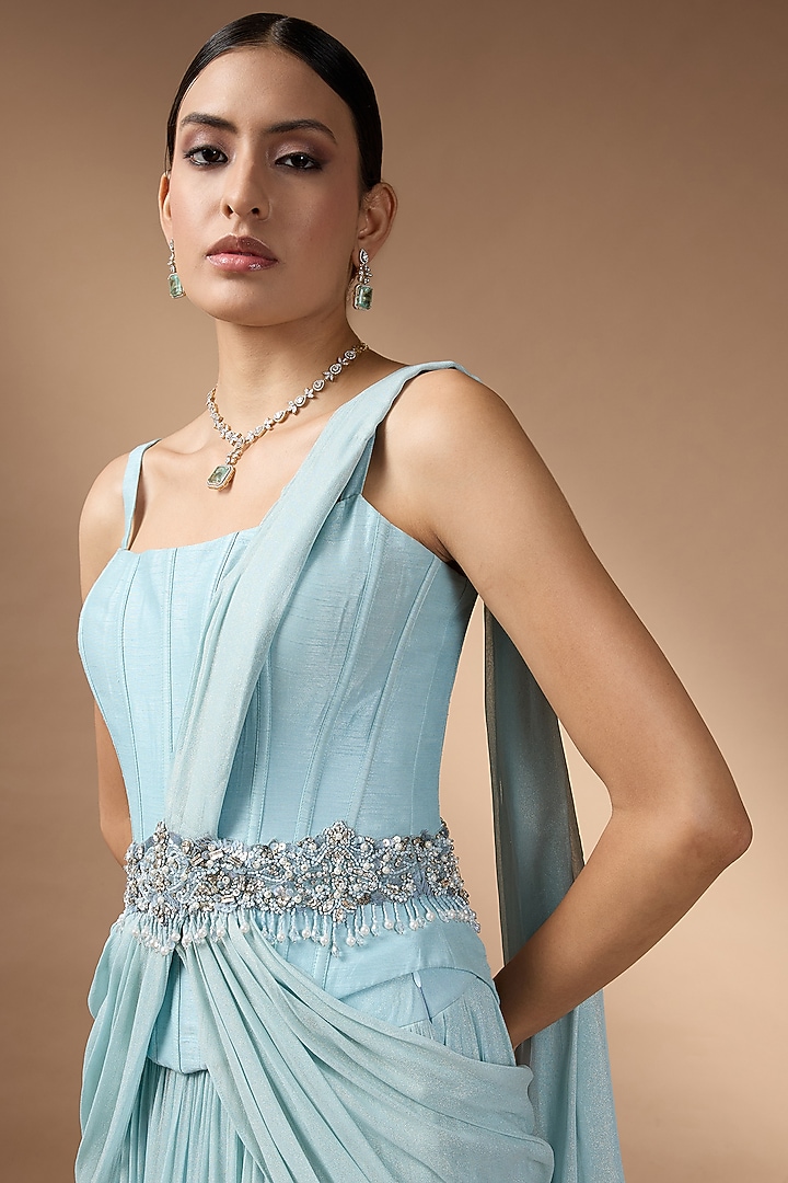 Blue Metallic Georgette Pleated Skirt Set by Rocky Star at Pernia's Pop Up Shop