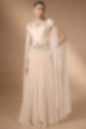 Peach Raw Silk & Organza Pleated Skirt Set by Rocky Star at Pernia's Pop Up Shop