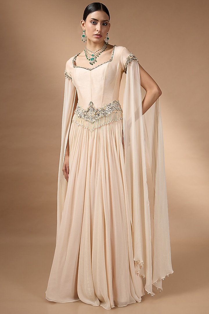 Peach Raw Silk & Organza Pleated Skirt Set by Rocky Star at Pernia's Pop Up Shop