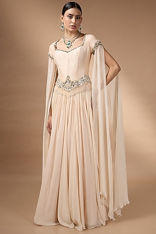Peach Raw Silk & Organza Pleated Skirt Set by Rocky Star