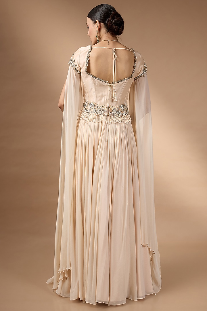 Peach Raw Silk & Organza Pleated Skirt Set by Rocky Star at Pernia's Pop Up Shop