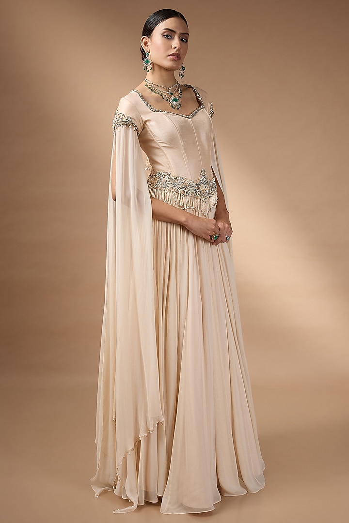 Peach Raw Silk & Organza Pleated Skirt Set by Rocky Star at Pernia's Pop Up Shop