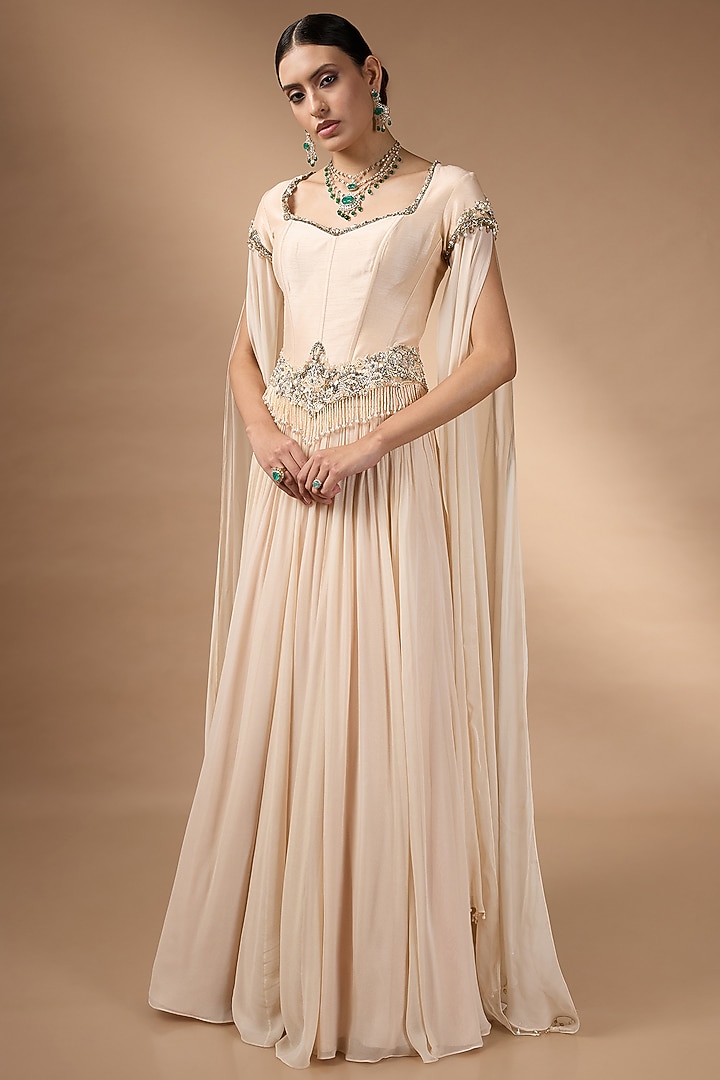Peach Raw Silk & Organza Pleated Skirt Set by Rocky Star at Pernia's Pop Up Shop