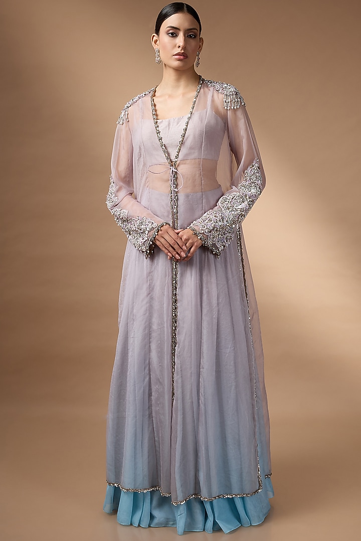 Purple & Blue Raw Silk Embellished Jacket Set by Rocky Star at Pernia's Pop Up Shop