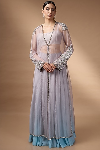 Purple & Blue Raw Silk Embellished Jacket Set by Rocky Star