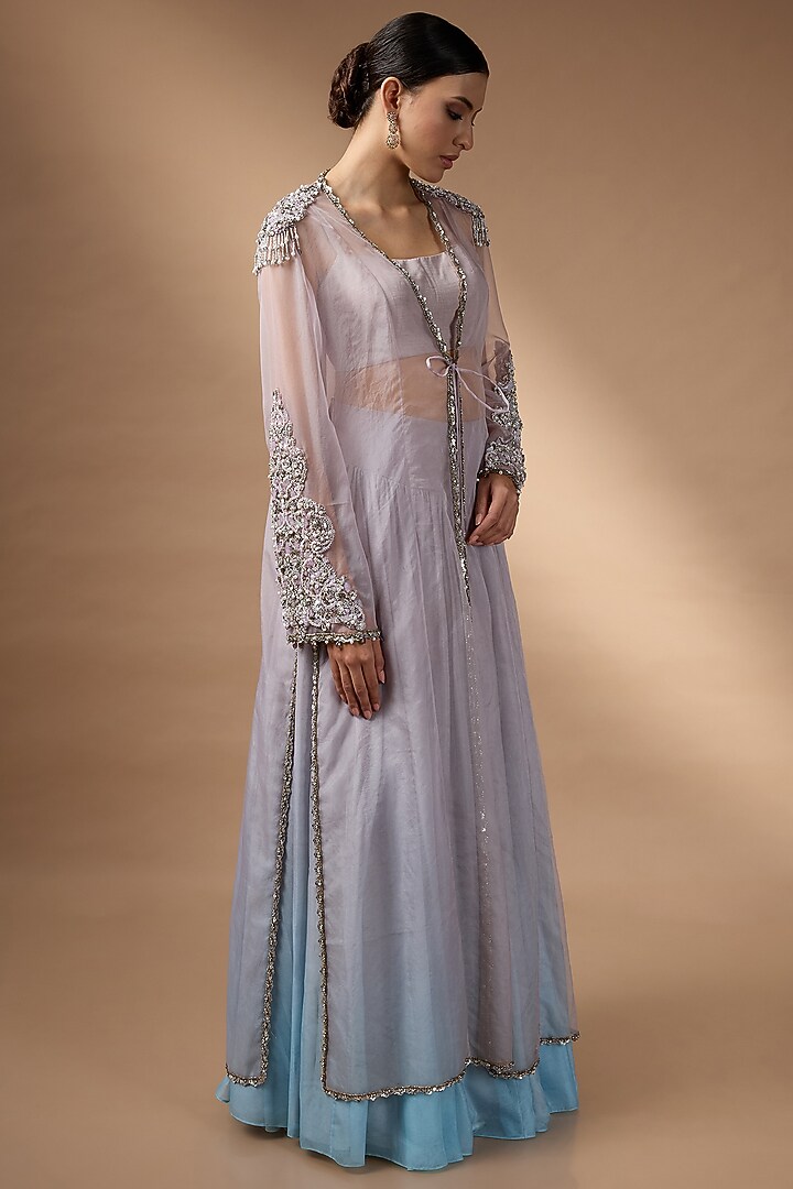 Purple & Blue Raw Silk Embellished Jacket Set by Rocky Star at Pernia's Pop Up Shop
