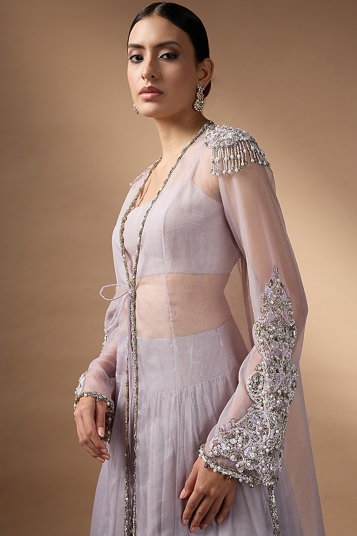 Purple & Blue Raw Silk Embellished Jacket Set by Rocky Star at Pernia's Pop Up Shop