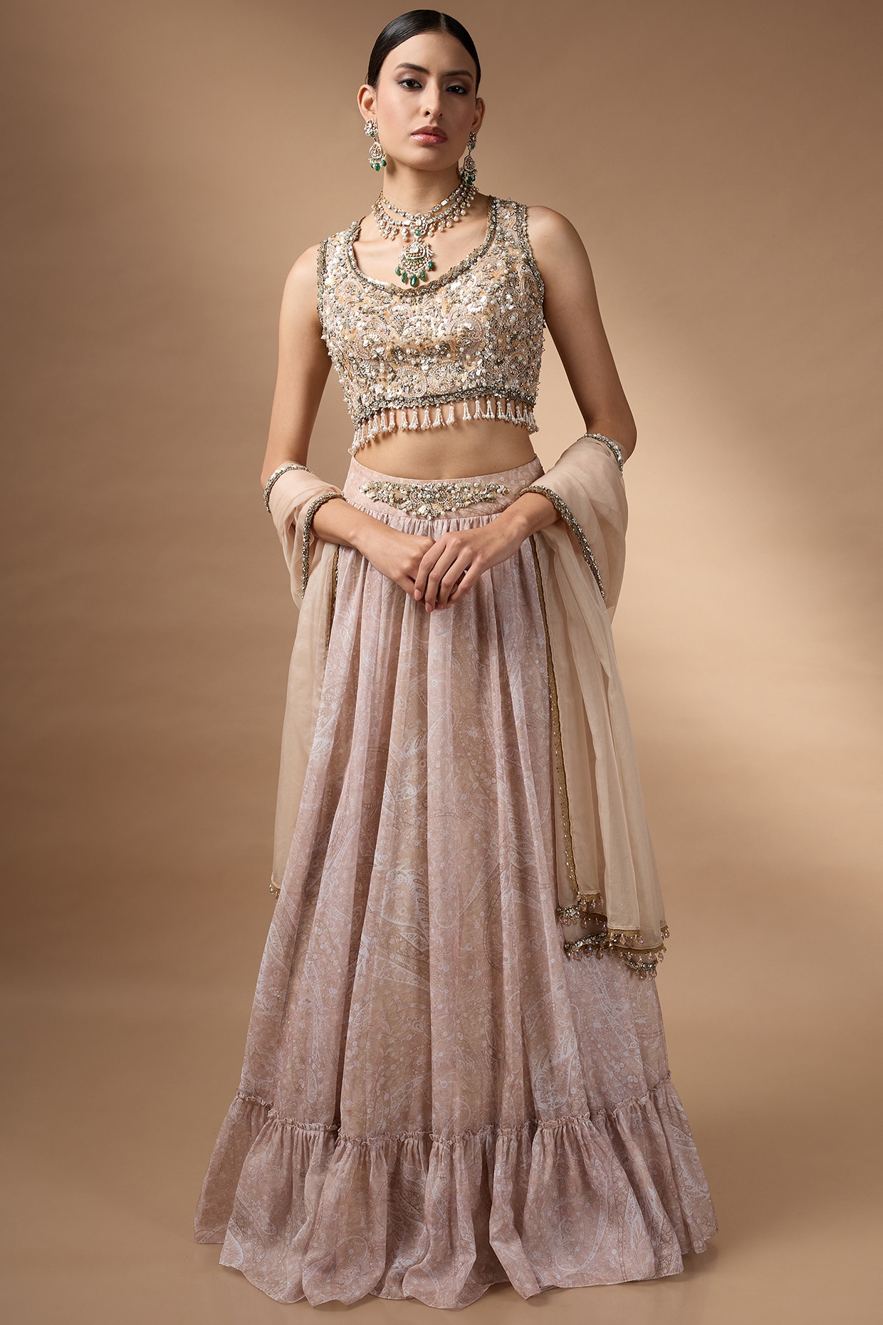 Rocky Star Beige Raw Silk Printed Lehenga Set