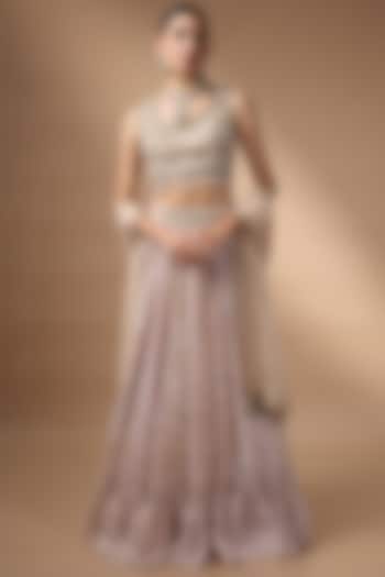 Beige Raw Silk Printed Wedding Lehenga Set by Rocky Star at Pernia's Pop Up Shop