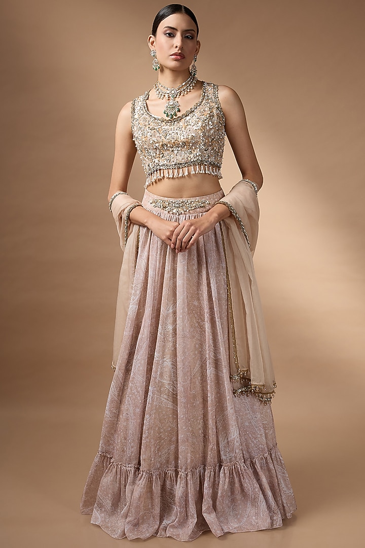 Beige Raw Silk Printed Wedding Lehenga Set by Rocky Star at Pernia's Pop Up Shop