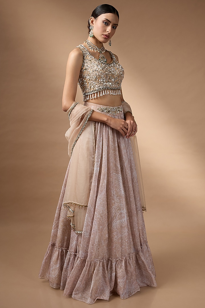 Beige Raw Silk Printed Wedding Lehenga Set by Rocky Star at Pernia's Pop Up Shop