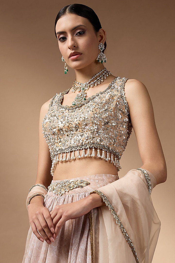 Beige Raw Silk Printed Wedding Lehenga Set by Rocky Star at Pernia's Pop Up Shop