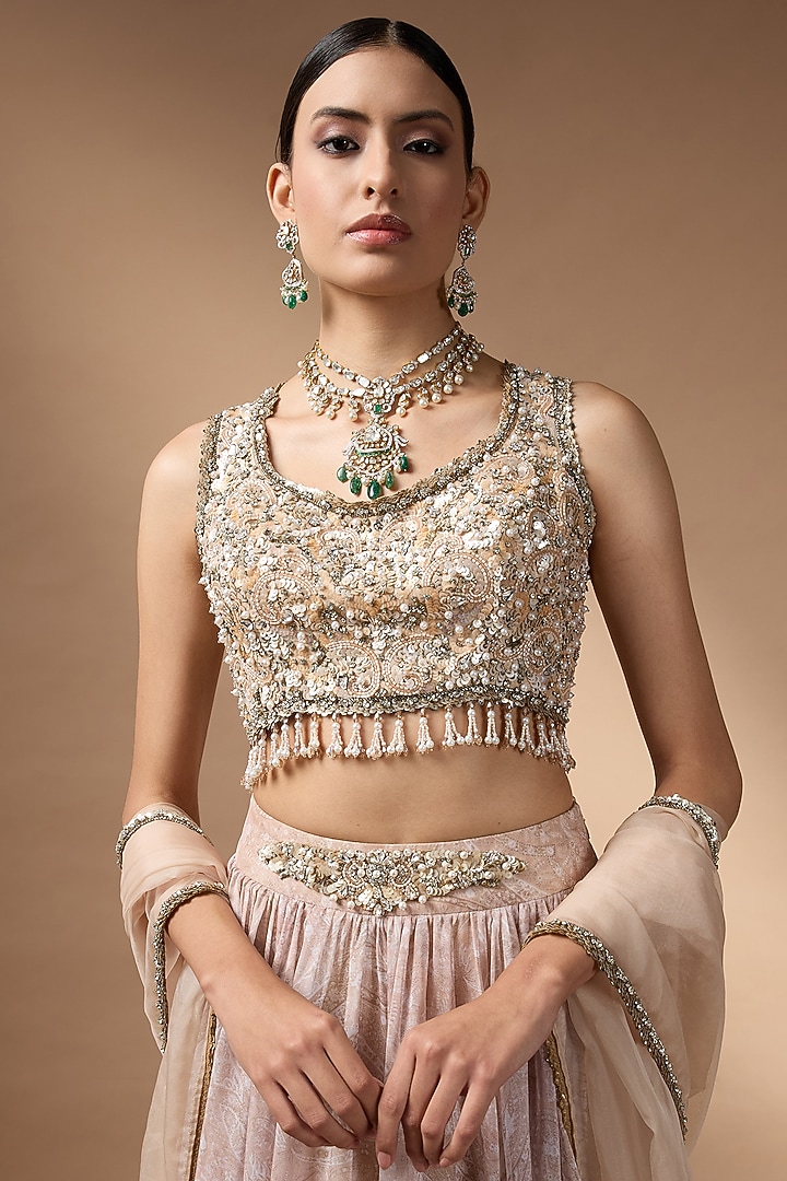 Beige Raw Silk Printed Wedding Lehenga Set by Rocky Star at Pernia's Pop Up Shop