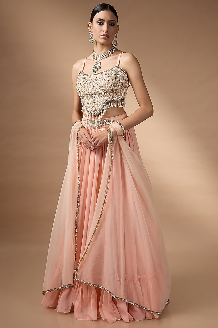 Orange Raw Silk Printed Pleated Wedding Lehenga Set by Rocky Star at Pernia's Pop Up Shop