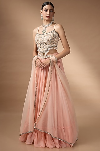 Orange Raw Silk Printed Pleated Lehenga Set by Rocky Star