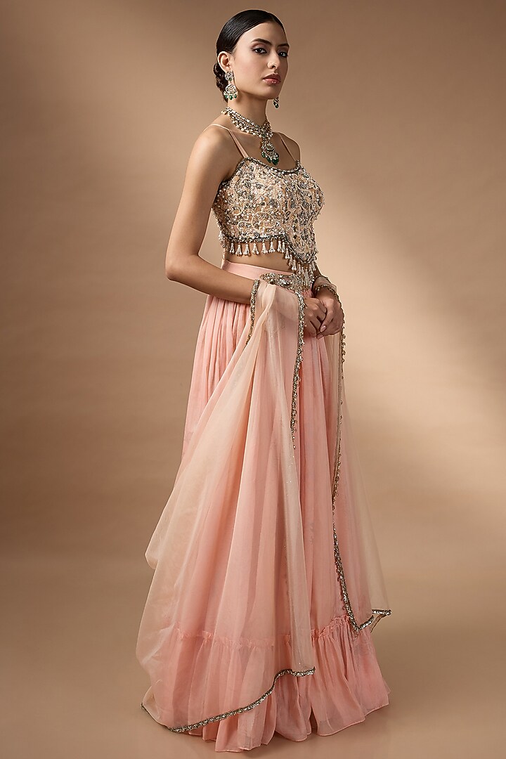 Orange Raw Silk Printed Pleated Wedding Lehenga Set by Rocky Star at Pernia's Pop Up Shop