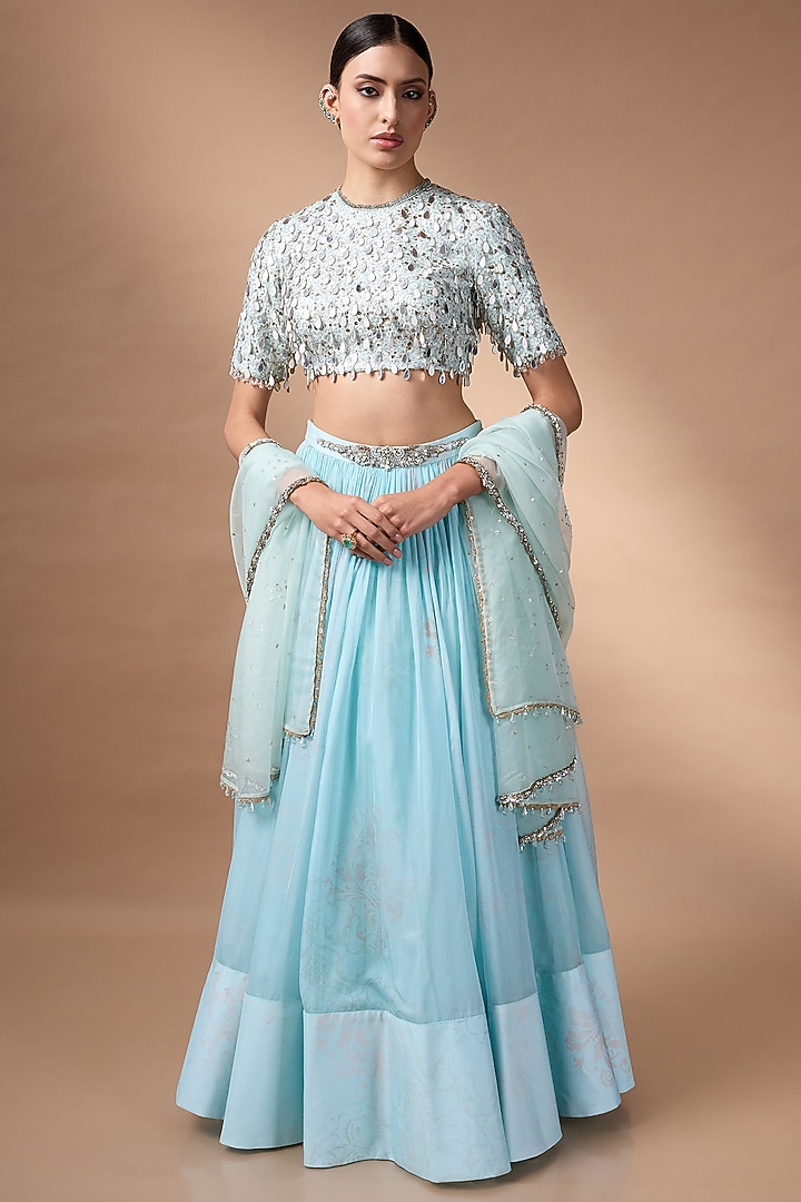 Blue Raw Silk Printed Wedding Lehenga Set by Rocky Star at Pernia's Pop Up Shop