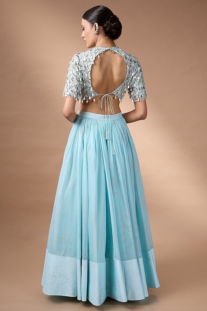 Blue Raw Silk Printed Wedding Lehenga Set by Rocky Star at Pernia's Pop Up Shop
