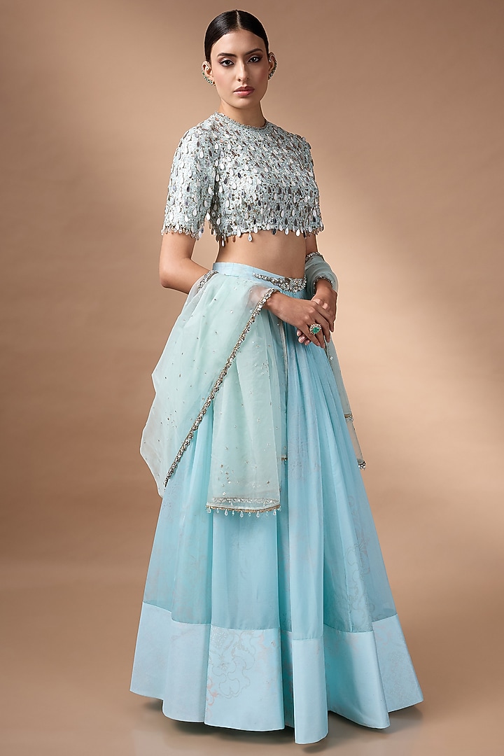 Blue Raw Silk Printed Wedding Lehenga Set by Rocky Star at Pernia's Pop Up Shop