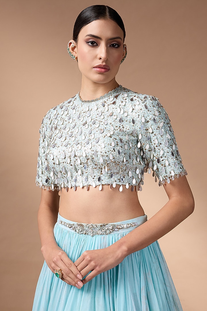 Blue Raw Silk Printed Wedding Lehenga Set by Rocky Star at Pernia's Pop Up Shop